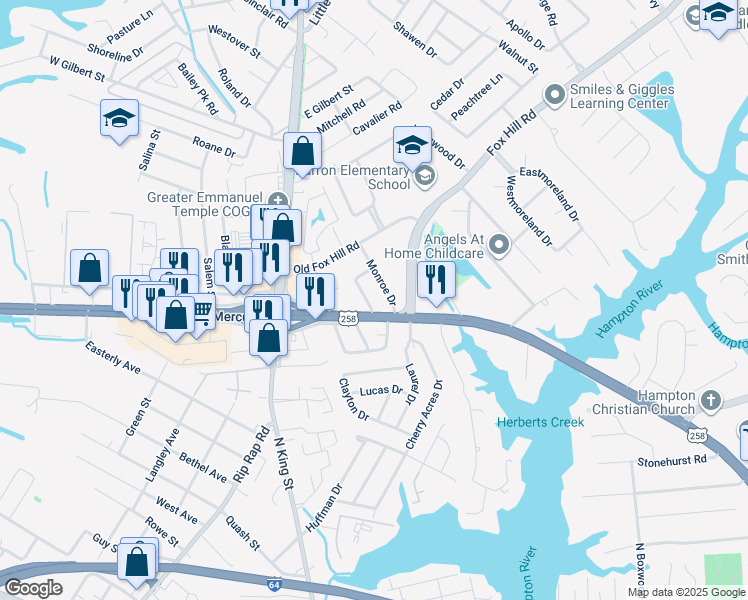 map of restaurants, bars, coffee shops, grocery stores, and more near 6 Gibson Road in Hampton