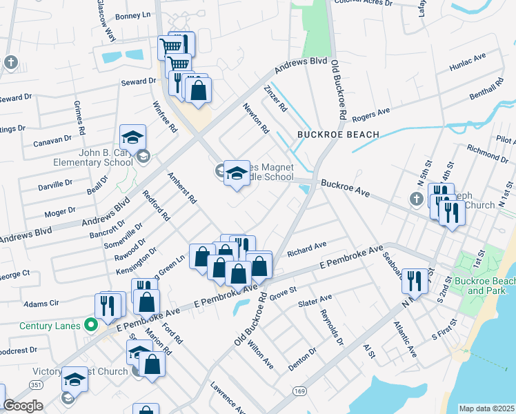 map of restaurants, bars, coffee shops, grocery stores, and more near 1805 Mehrens Court in Hampton