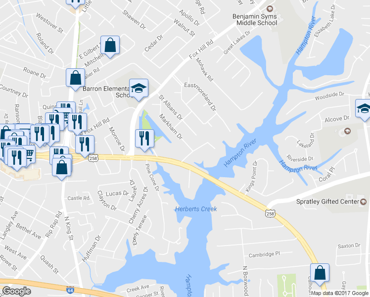 map of restaurants, bars, coffee shops, grocery stores, and more near 3 Markham Drive in Hampton