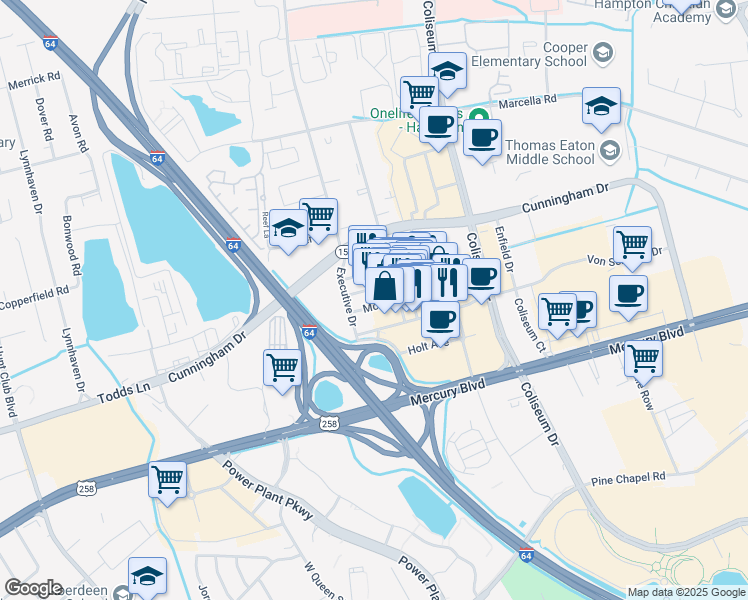 map of restaurants, bars, coffee shops, grocery stores, and more near 3150 Allainby Way in Hampton