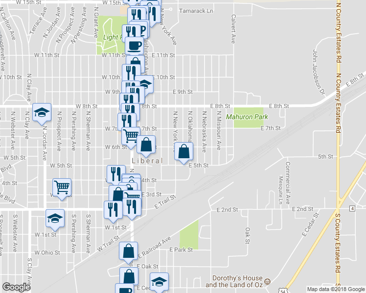 map of restaurants, bars, coffee shops, grocery stores, and more near 351 East 6th Street in Liberal