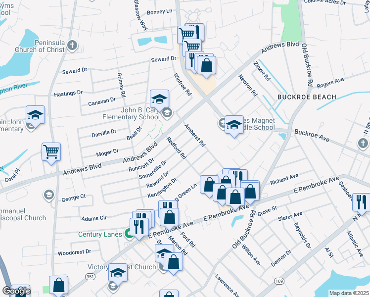 map of restaurants, bars, coffee shops, grocery stores, and more near 2002 Somerville Drive in Hampton