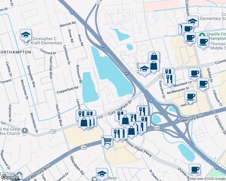 map of restaurants, bars, coffee shops, grocery stores, and more near 407 Reflection Lane in Hampton