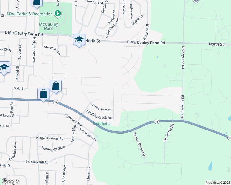 map of restaurants, bars, coffee shops, grocery stores, and more near 120 North Peach Brook in Nixa