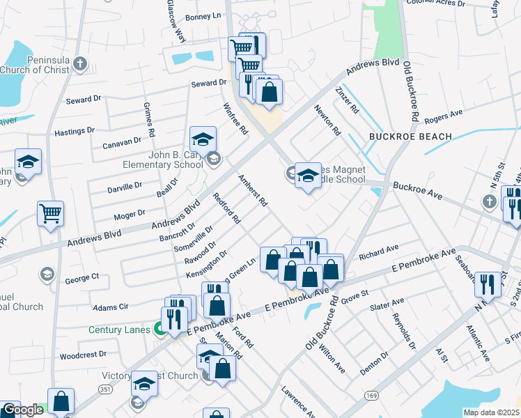 map of restaurants, bars, coffee shops, grocery stores, and more near 2012 Rawood Drive in Hampton