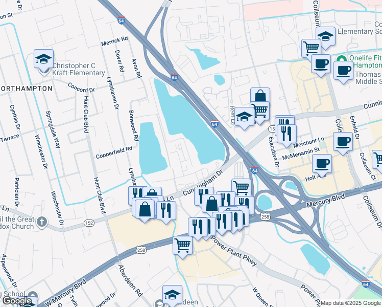 map of restaurants, bars, coffee shops, grocery stores, and more near 407 Reflection Lane in Hampton