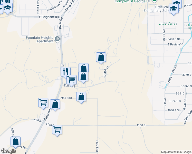 map of restaurants, bars, coffee shops, grocery stores, and more near 3815 1600 East Circle in St. George