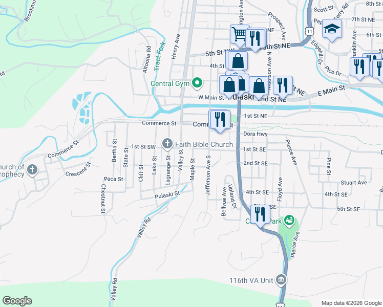 map of restaurants, bars, coffee shops, grocery stores, and more near 30 Maple Street in Pulaski