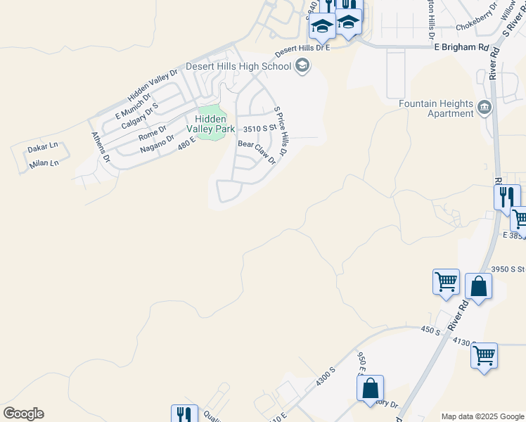 map of restaurants, bars, coffee shops, grocery stores, and more near 3695 South White Ridge Drive in St. George