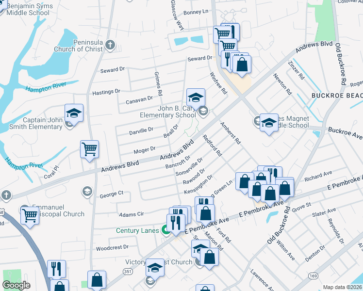 map of restaurants, bars, coffee shops, grocery stores, and more near 1909 Andrews Boulevard in Hampton