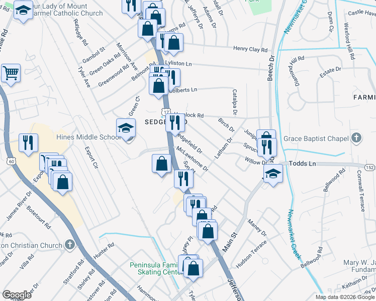 map of restaurants, bars, coffee shops, grocery stores, and more near 615 McLawhorne Drive in Newport News