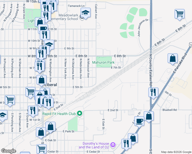 map of restaurants, bars, coffee shops, grocery stores, and more near 602 Calvert Avenue in Liberal