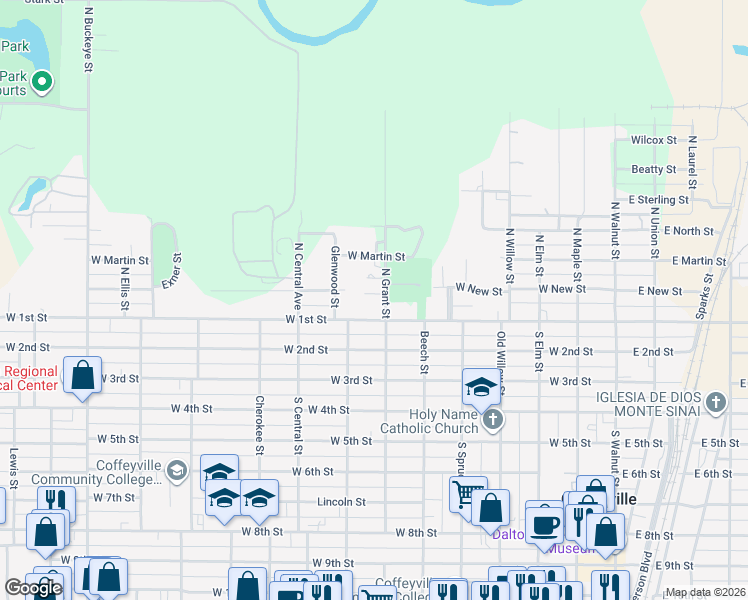 map of restaurants, bars, coffee shops, grocery stores, and more near 701 Hibbard Street in Coffeyville