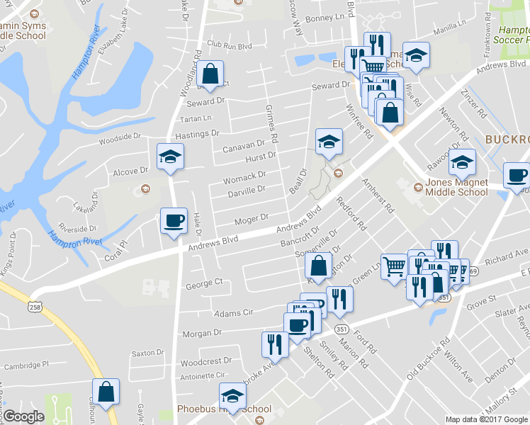 map of restaurants, bars, coffee shops, grocery stores, and more near 1825 Moger Drive in Hampton
