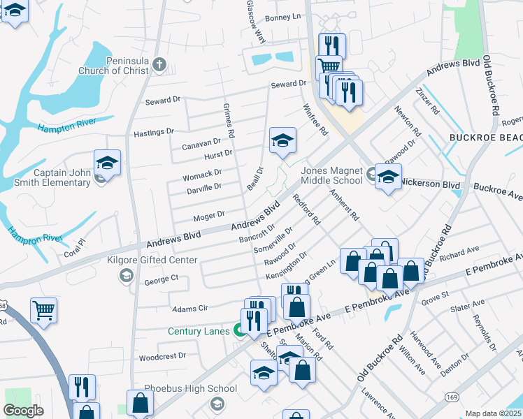 map of restaurants, bars, coffee shops, grocery stores, and more near 1909 Andrews Boulevard in Hampton