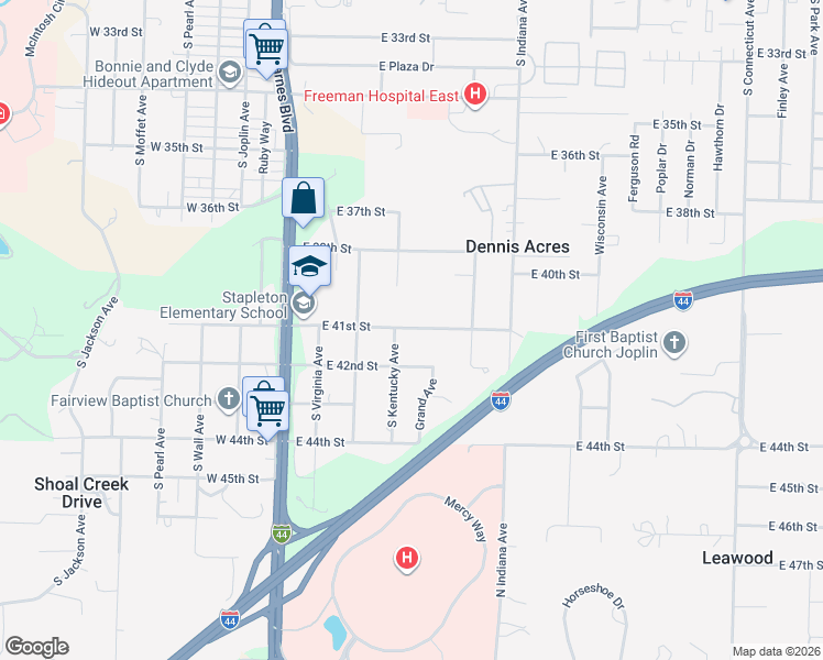 map of restaurants, bars, coffee shops, grocery stores, and more near 400-598 East 41st Street in Joplin
