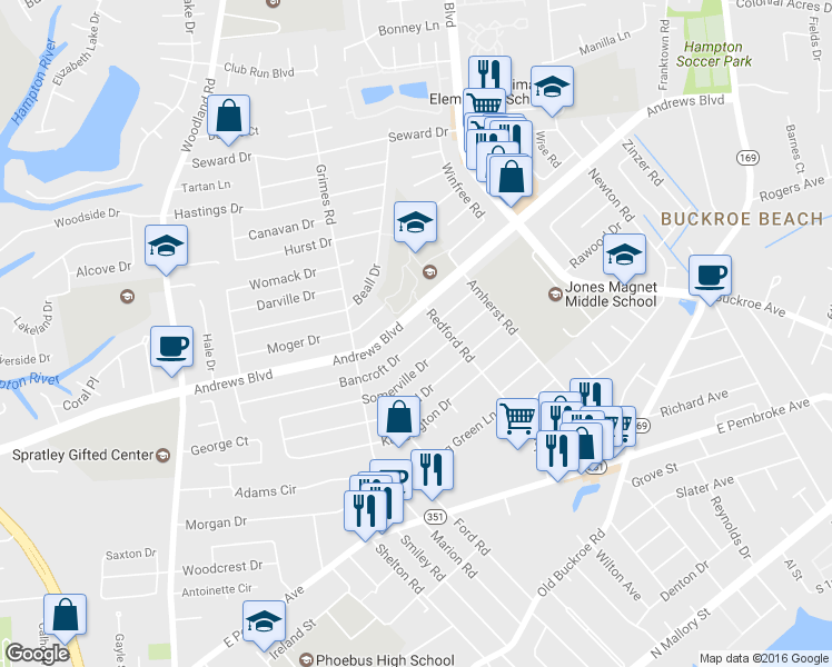 map of restaurants, bars, coffee shops, grocery stores, and more near 1925 Bancroft Drive in Hampton