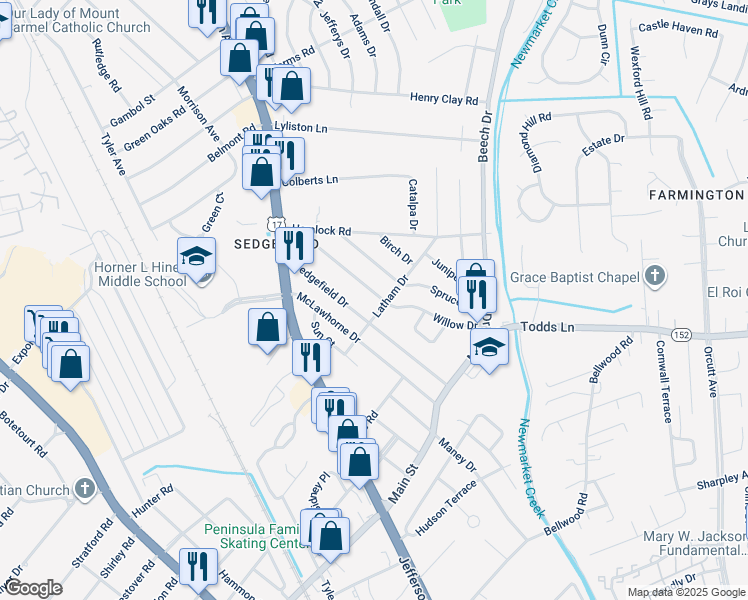 map of restaurants, bars, coffee shops, grocery stores, and more near 632 Willow Drive in Newport News