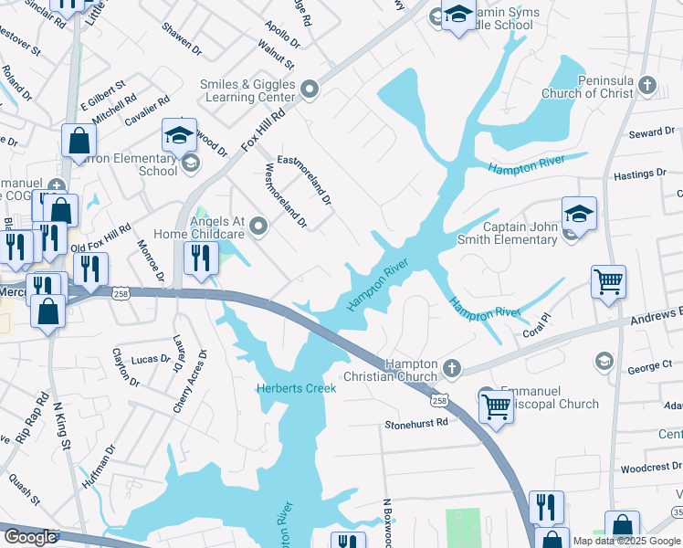 map of restaurants, bars, coffee shops, grocery stores, and more near 33 Curle Road in Hampton