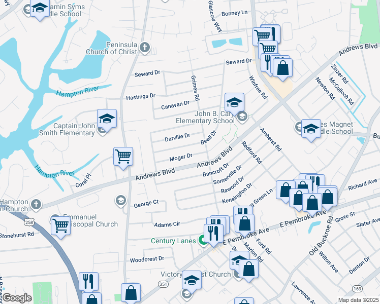 map of restaurants, bars, coffee shops, grocery stores, and more near 1825 Moger Drive in Hampton