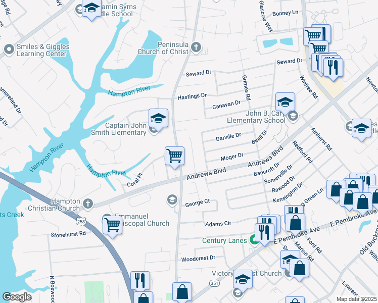map of restaurants, bars, coffee shops, grocery stores, and more near 1215 Hale Drive in Hampton