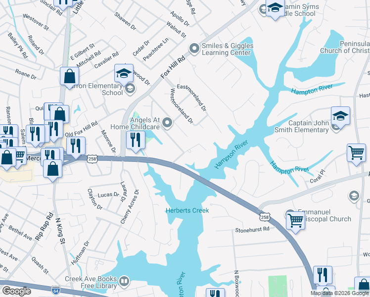 map of restaurants, bars, coffee shops, grocery stores, and more near 20 Curle Road in Hampton