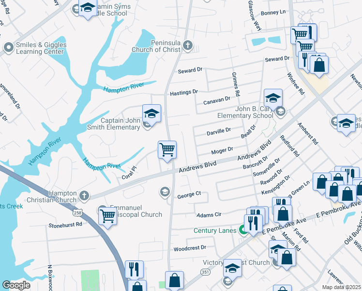 map of restaurants, bars, coffee shops, grocery stores, and more near 1215 Hale Drive in Hampton