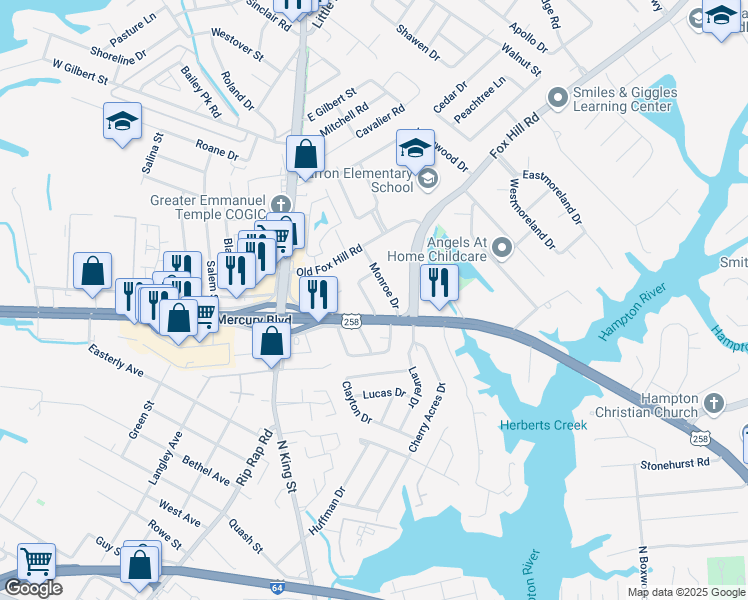 map of restaurants, bars, coffee shops, grocery stores, and more near 8 Gibson Road in Hampton