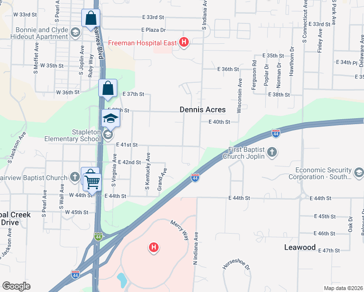 map of restaurants, bars, coffee shops, grocery stores, and more near 598 East 41st Street in Joplin