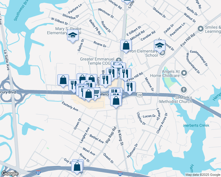 map of restaurants, bars, coffee shops, grocery stores, and more near 1093 North King Street in Hampton