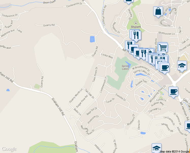 map of restaurants, bars, coffee shops, grocery stores, and more near Twin Pines Drive in Scotts Valley