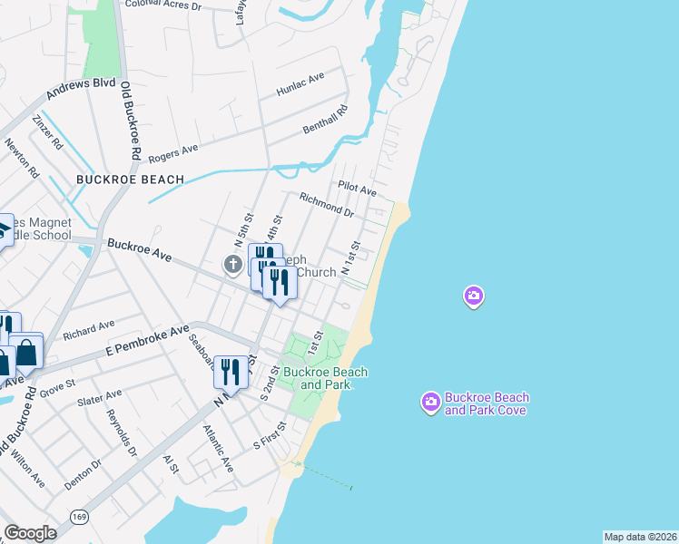 map of restaurants, bars, coffee shops, grocery stores, and more near 201 North 1st Street in Hampton