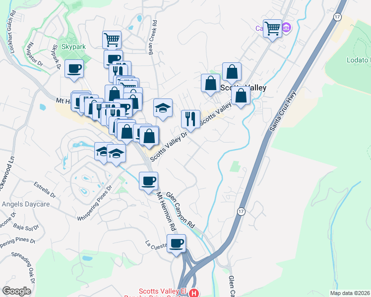 map of restaurants, bars, coffee shops, grocery stores, and more near 30 Angela Court in Scotts Valley