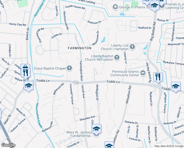 map of restaurants, bars, coffee shops, grocery stores, and more near 7 Ridgecrest Drive in Hampton