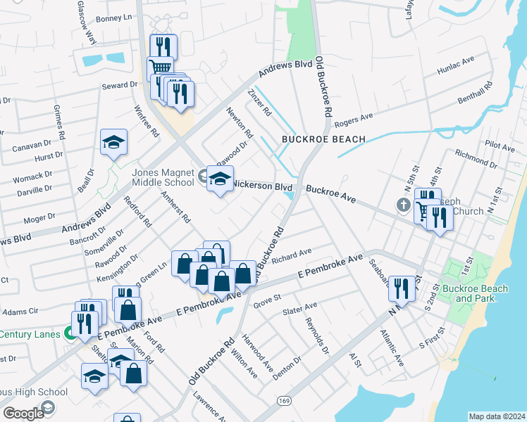 map of restaurants, bars, coffee shops, grocery stores, and more near 1788 Newton Road in Hampton