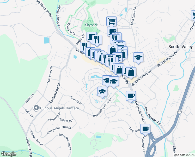 map of restaurants, bars, coffee shops, grocery stores, and more near 225 Mount Hermon Road in Scotts Valley