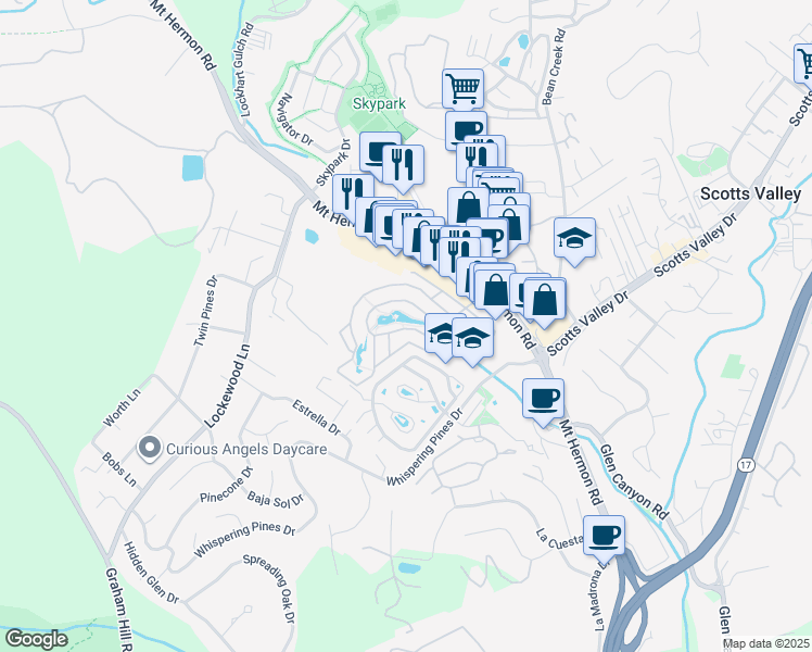 map of restaurants, bars, coffee shops, grocery stores, and more near 225 Mount Hermon Road in Scotts Valley
