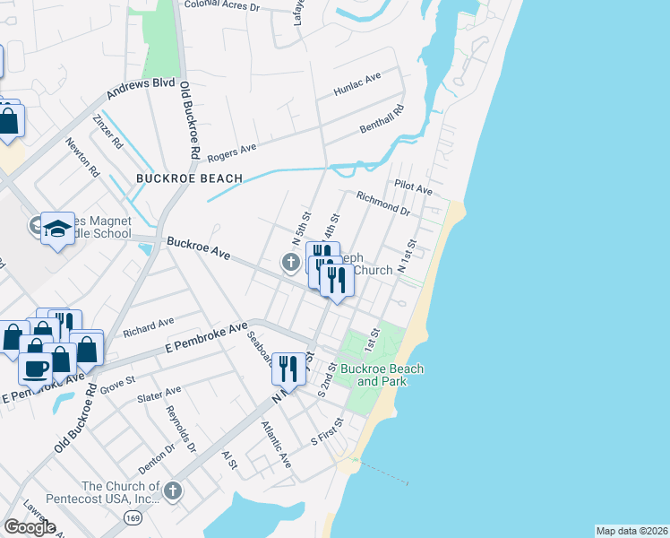 map of restaurants, bars, coffee shops, grocery stores, and more near 2013 North Mallory Street in Hampton