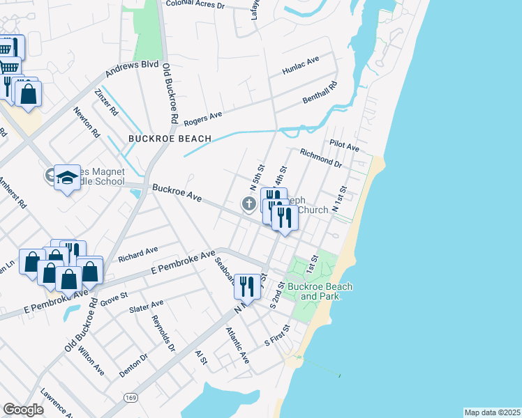 map of restaurants, bars, coffee shops, grocery stores, and more near 123 North 4th Street in Hampton