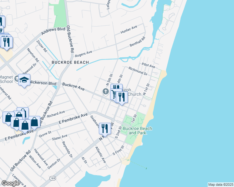 map of restaurants, bars, coffee shops, grocery stores, and more near 2013 North Mallory Street in Hampton