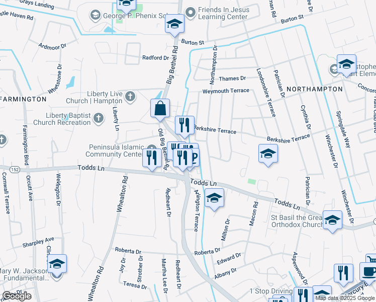 map of restaurants, bars, coffee shops, grocery stores, and more near 906 Big Bethel Road in Hampton