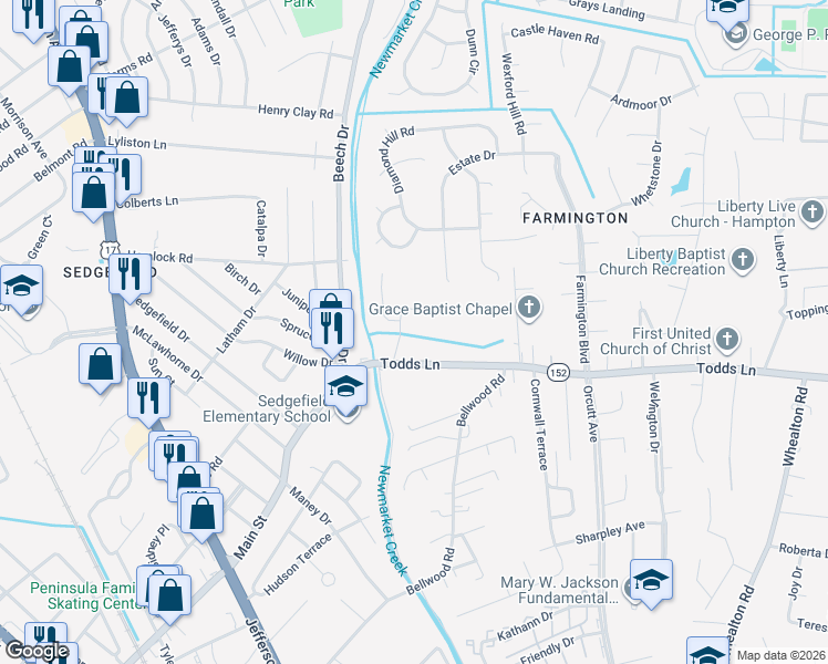 map of restaurants, bars, coffee shops, grocery stores, and more near 713 Todds Lane in Hampton