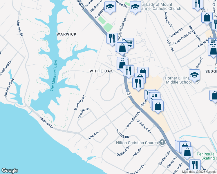 map of restaurants, bars, coffee shops, grocery stores, and more near 131 Nelson Dr in Newport News
