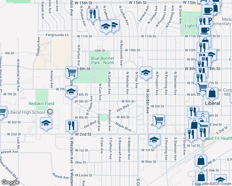 map of restaurants, bars, coffee shops, grocery stores, and more near 950-998 West 6th Street in Liberal