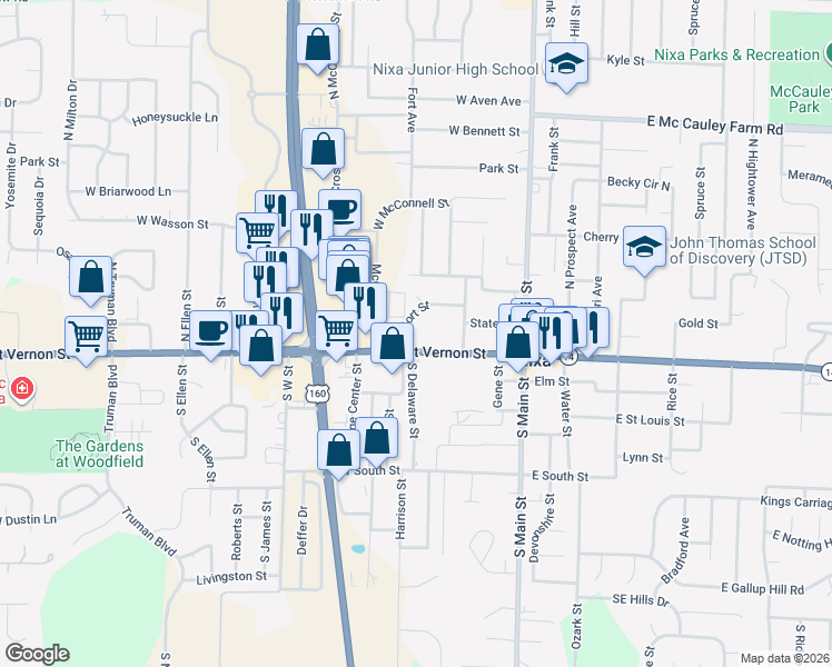 map of restaurants, bars, coffee shops, grocery stores, and more near 201-231 W Mt Vernon St in Nixa