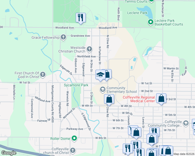 map of restaurants, bars, coffee shops, grocery stores, and more near 100-198 N Parkview in Coffeyville