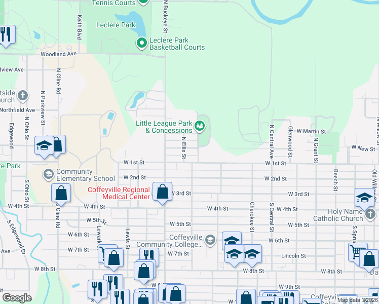 map of restaurants, bars, coffee shops, grocery stores, and more near 110 Exner Street in Coffeyville