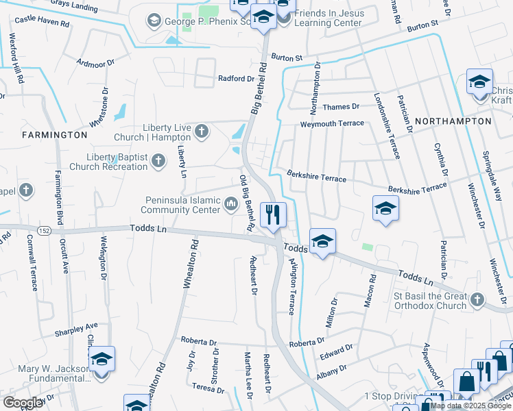 map of restaurants, bars, coffee shops, grocery stores, and more near 920 Old Big Bethel Road in Hampton