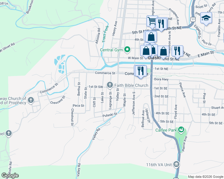 map of restaurants, bars, coffee shops, grocery stores, and more near 111 Lagrange Street in Pulaski