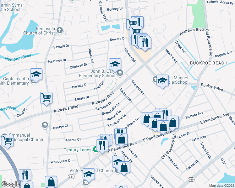 map of restaurants, bars, coffee shops, grocery stores, and more near 1925 Bancroft Drive in Hampton